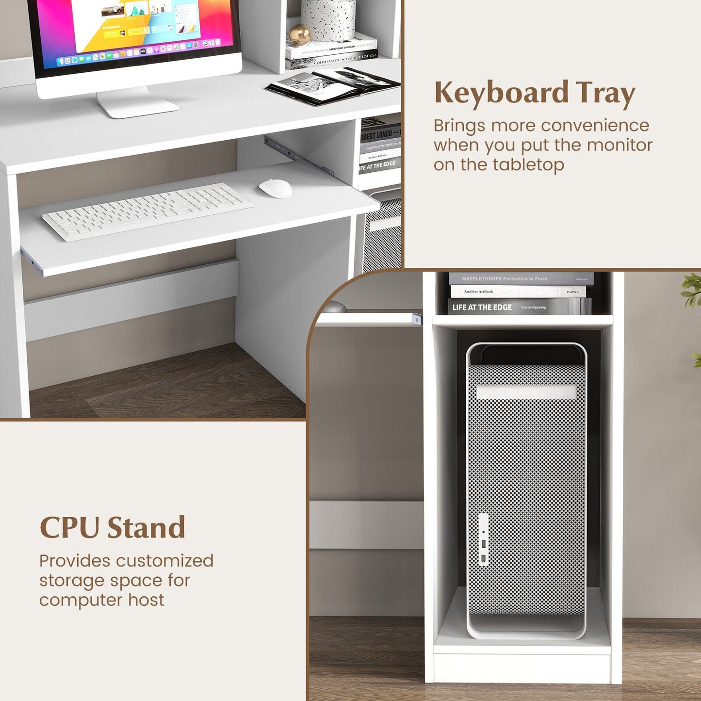 Home Office Computer Desk with Bookcase Keyboard Tray and CPU Stand-White