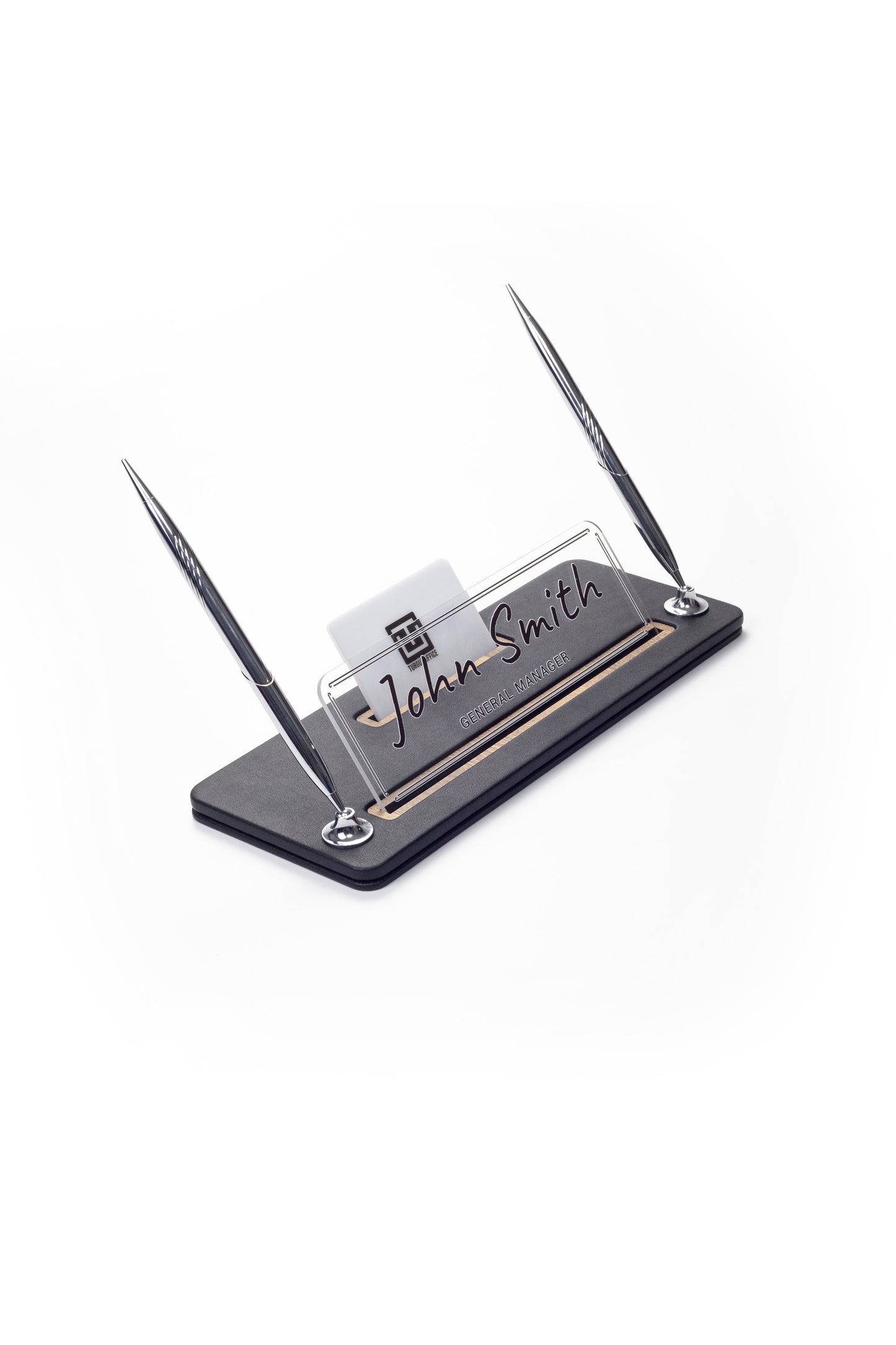Leather Desk Name Holder with Two Pens Black Wood Detail