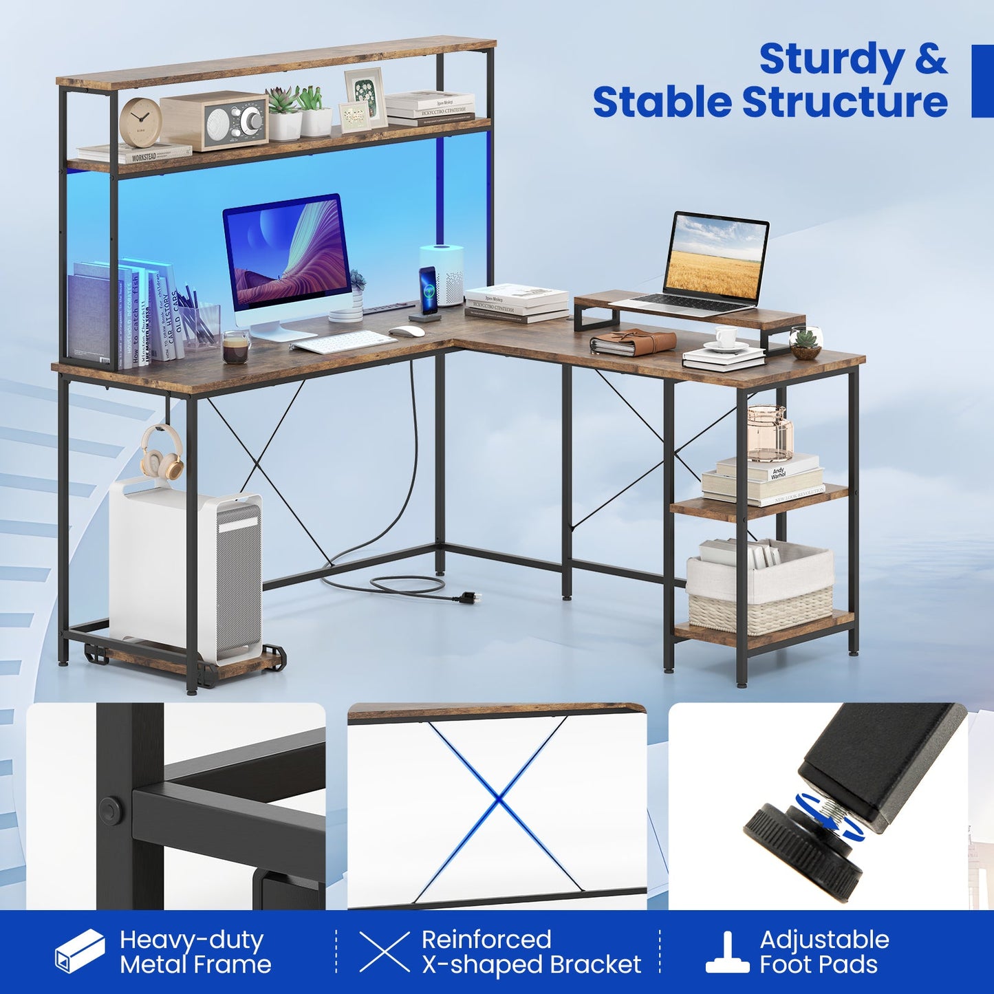 L-Shaped Reversible Gaming Desk with LED Strip and Power Outlets Hutch Monitor Stand-Rustic Brown