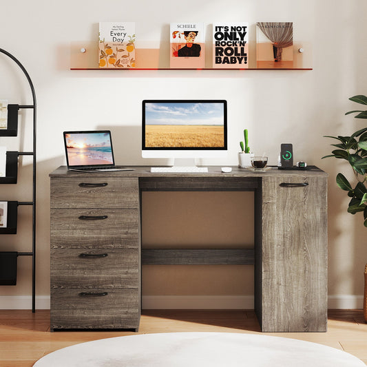 53 Inches Computer Desk with Power Outlets and 4 Storage Drawers-Gray