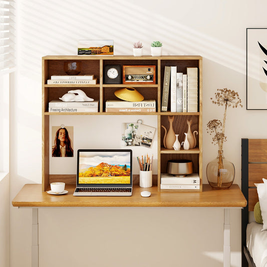 Desktop Bookshelf with 7 Open Cubbies and 3 Adjustable Shelves-Natural