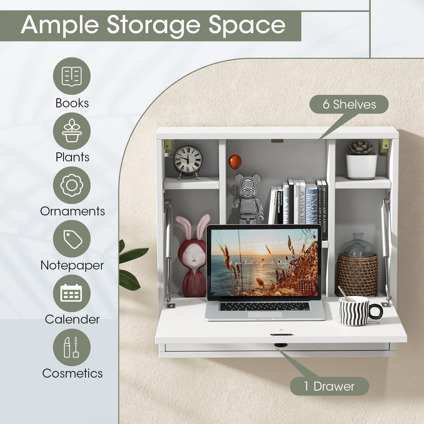 Wall-Mount Floating Desk Foldable Space Saving Laptop Workstation White
