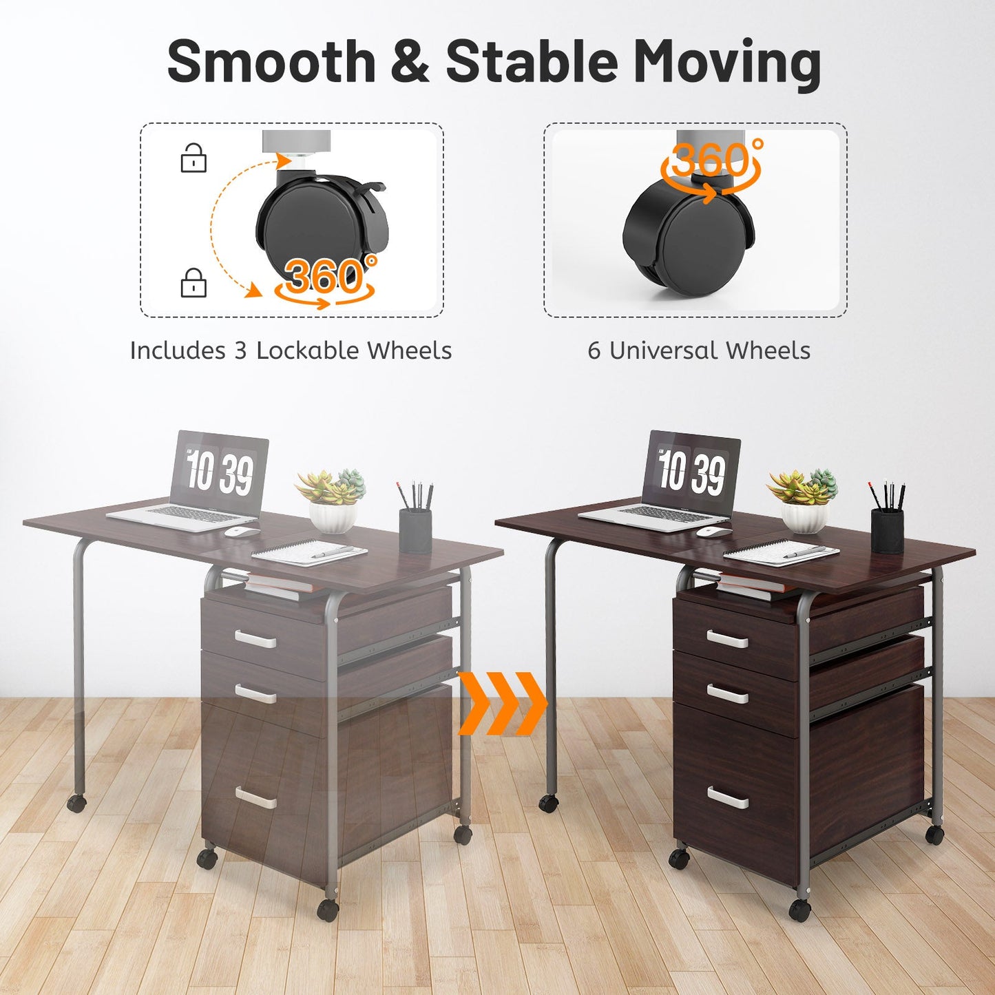 Folding Computer Laptop Desk Wheeled Home Office Furniture-Brown