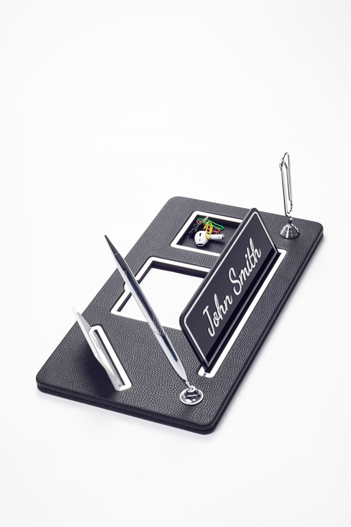 Organizer Leather Desk Nameplate Chrome Detailed
