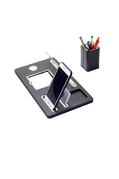 Desktop Nameplate Leather Organizer Black Gold Detailed Clock and Pen Holder