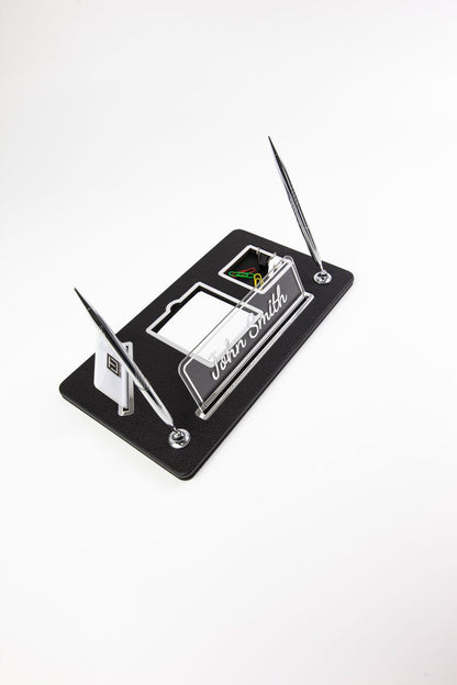 Organizer Leather Desk Name Holder with Two Pens Black Chrome Detailed