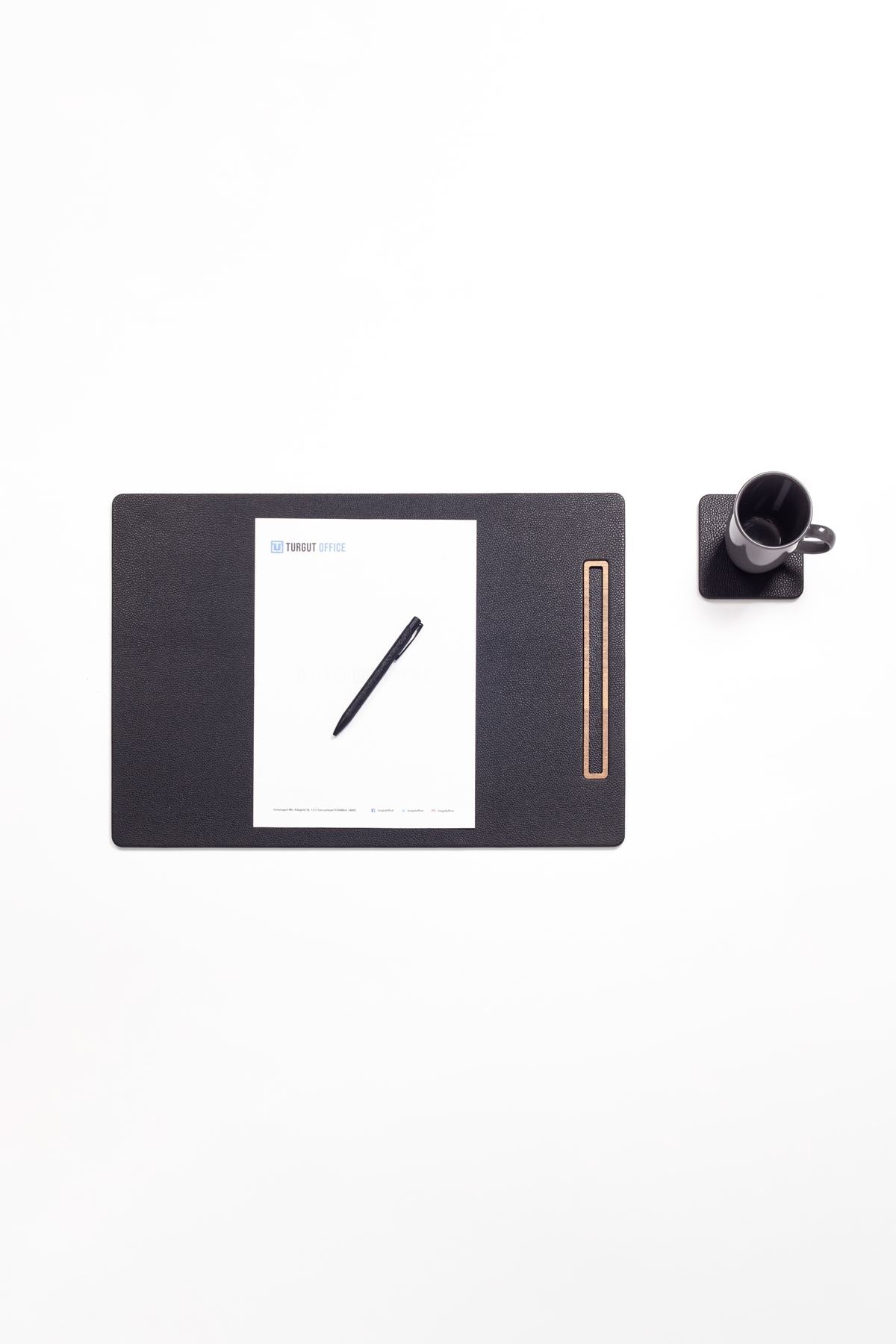 Leather Meeting Desk Black Vertical Wooden Detail 49x34cm