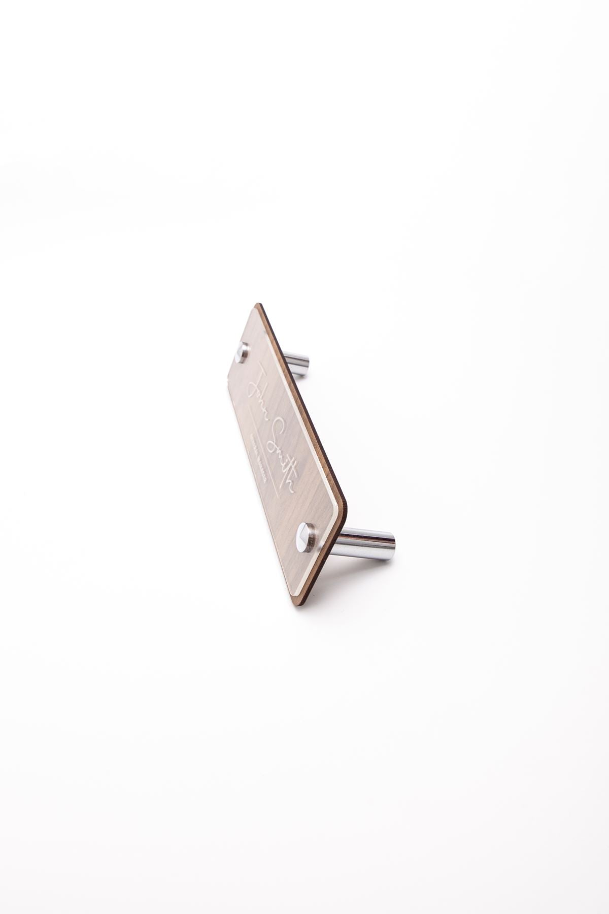 Wooden Desk Name Holder Chrome Detailed Laser Engraving