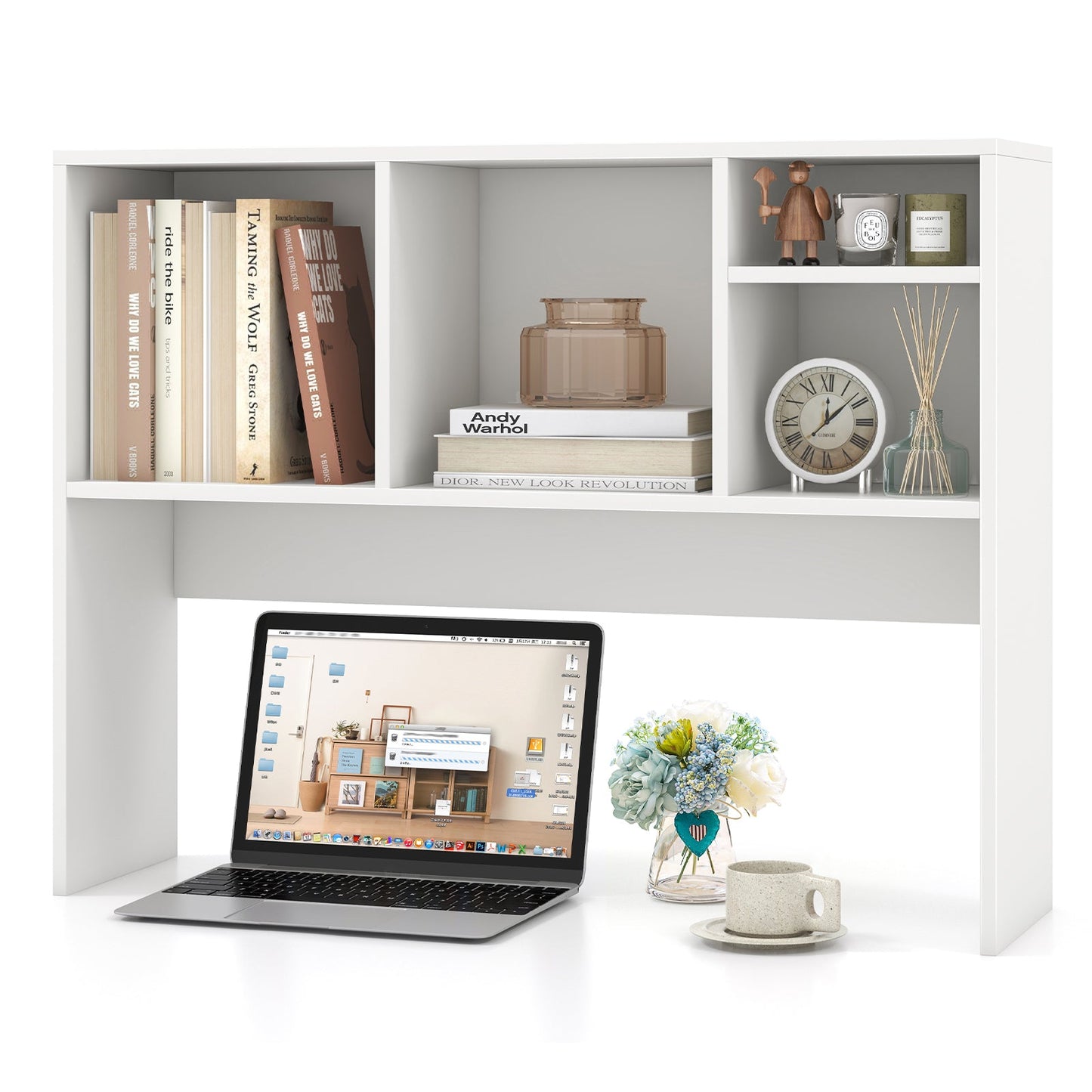 Computer Desktop Bookcase with 4 Cubbies and Open Back Compartment-White
