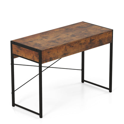 2-Drawer Home Office Desk with Steel Frame-Brown
