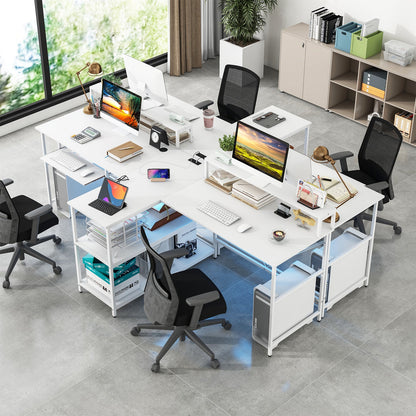 2-Person Reversible Computer Desk Long Office Desk with LED Lights-White