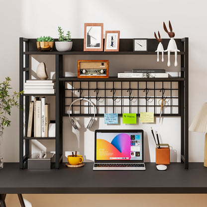4-Tier Desk Shelf Desktop Display Rack with Metal Grid Panel and 6 Hooks-Black