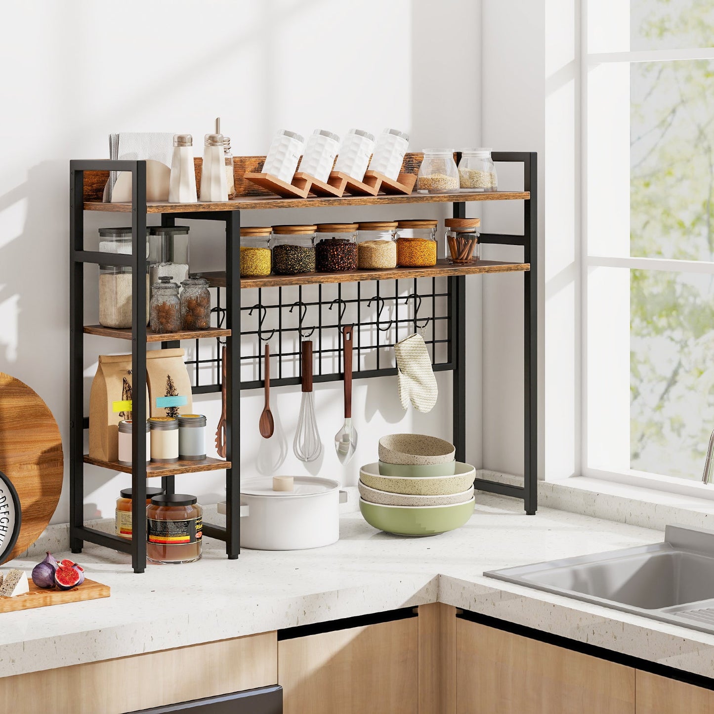 4-Tier Desk Shelf Desktop Display Rack with Metal Grid Panel and 6 Hooks-Rustic Brown