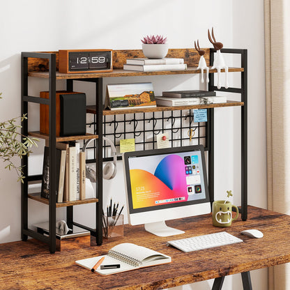 4-Tier Desk Shelf Desktop Display Rack with Metal Grid Panel and 6 Hooks-Rustic Brown