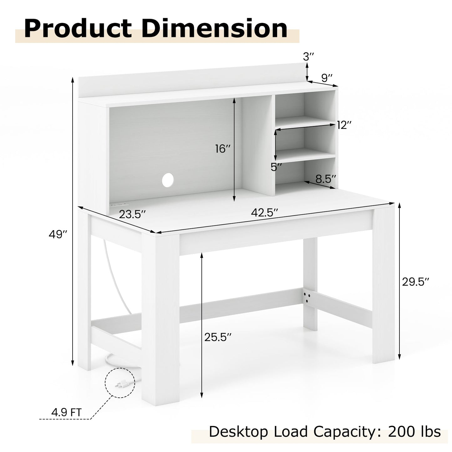 48 Inch Writing Computer Desk with Anti-Tipping Kits and Cable Management Hole-White