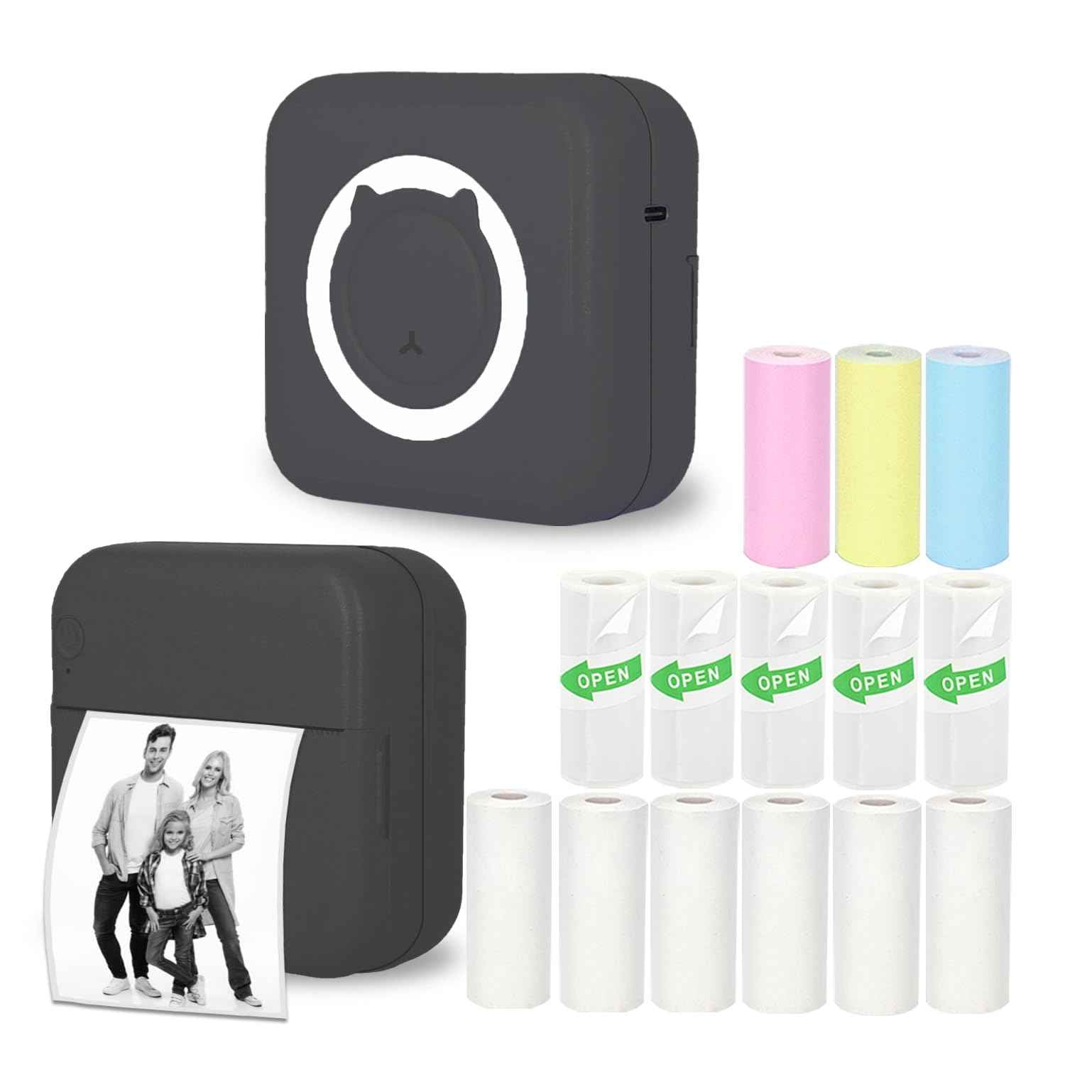 Vicbear Mini Thermal Printer Inkless Sticker Printer with 14 Rolls Paper Bluetooth Portable Printer for iPhone/Android Phone/Tablet Mini Pocket Printer for Photos/Stickers/Labels/Notes Black