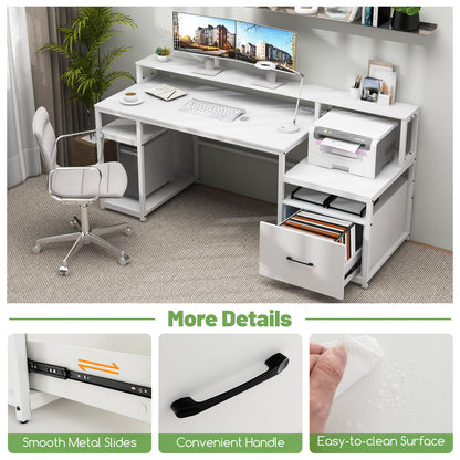 67 Inch Computer Desk with Monitor Stand & File Drawer-White
