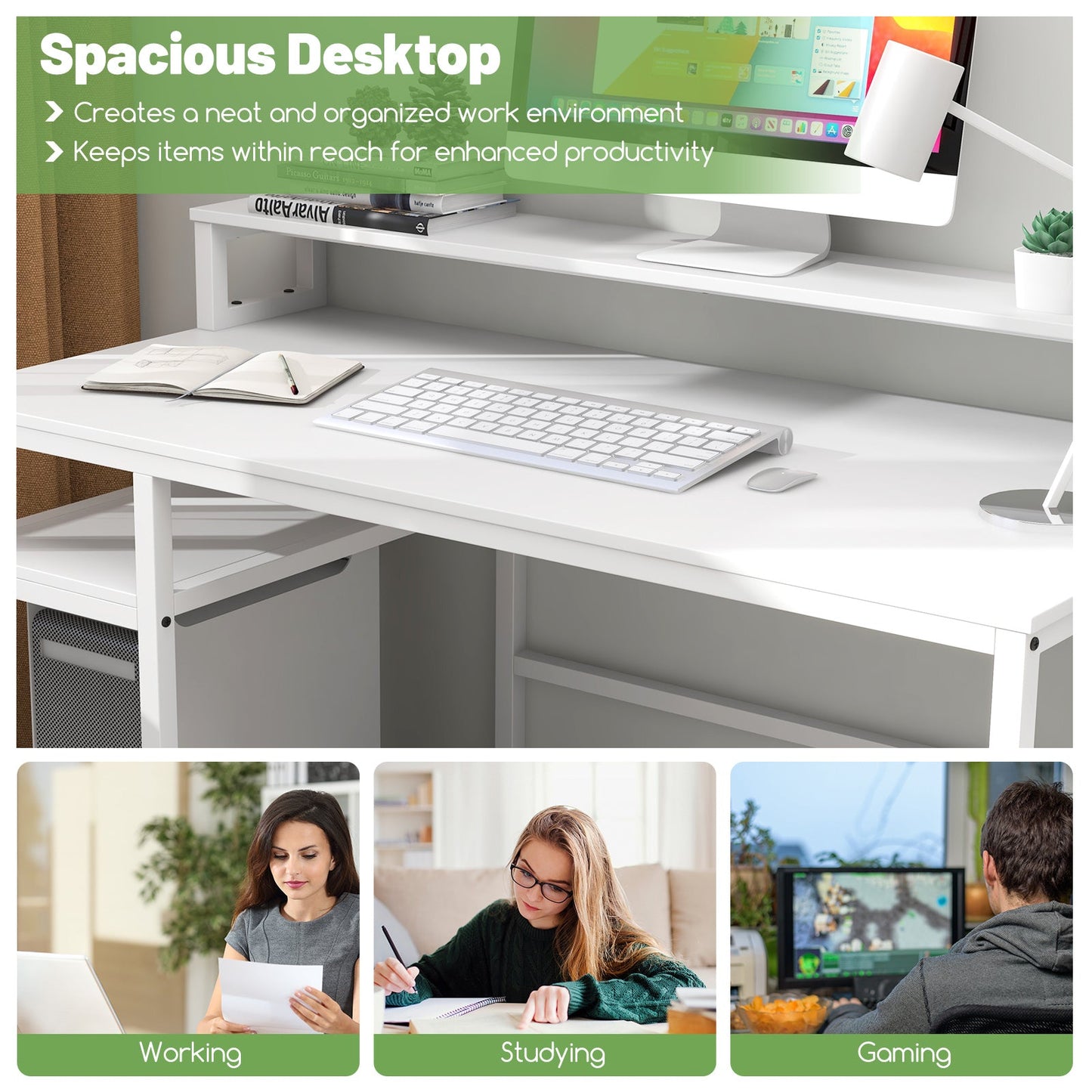 67 Inch Computer Desk with Monitor Stand & File Drawer-White