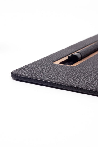 Leather Meeting Desk Black Vertical Wooden Detail 49x34cm