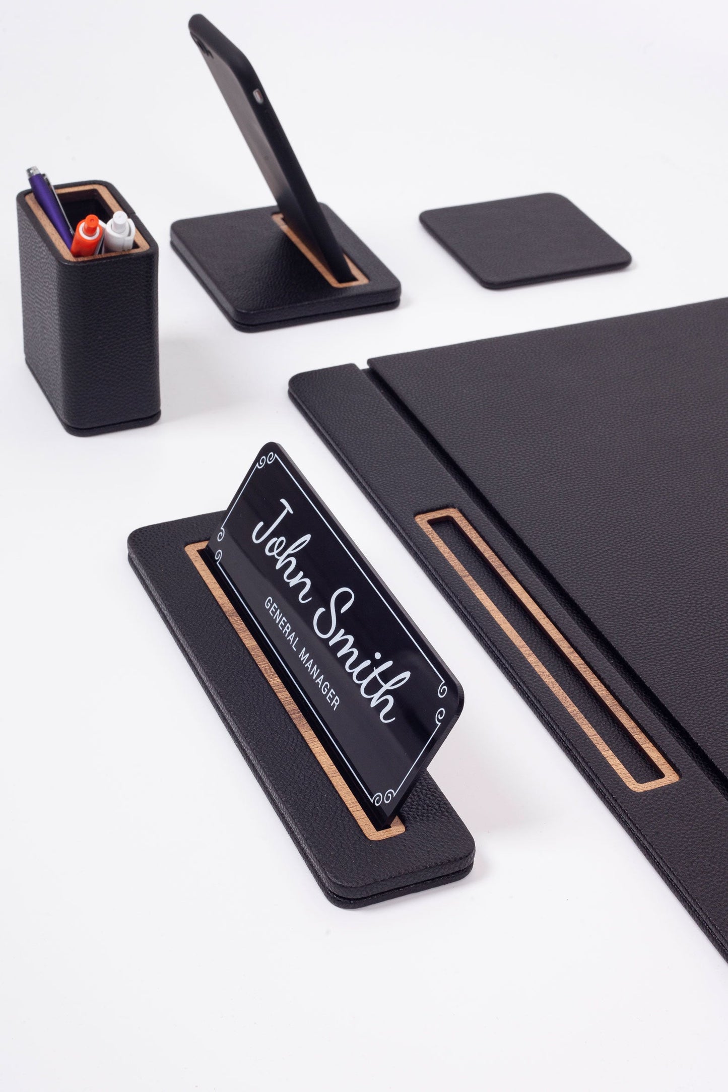 Alya Leather Desk Set 6 Pieces Covered Model Desk with Nameplate