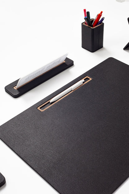 Alya Horizontal Slatted Leather Desk Set Black 6 Pcs