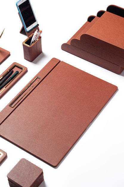 Capella Leather Desk Set Tan 11 Pieces Covered Model With Three Document Shelves