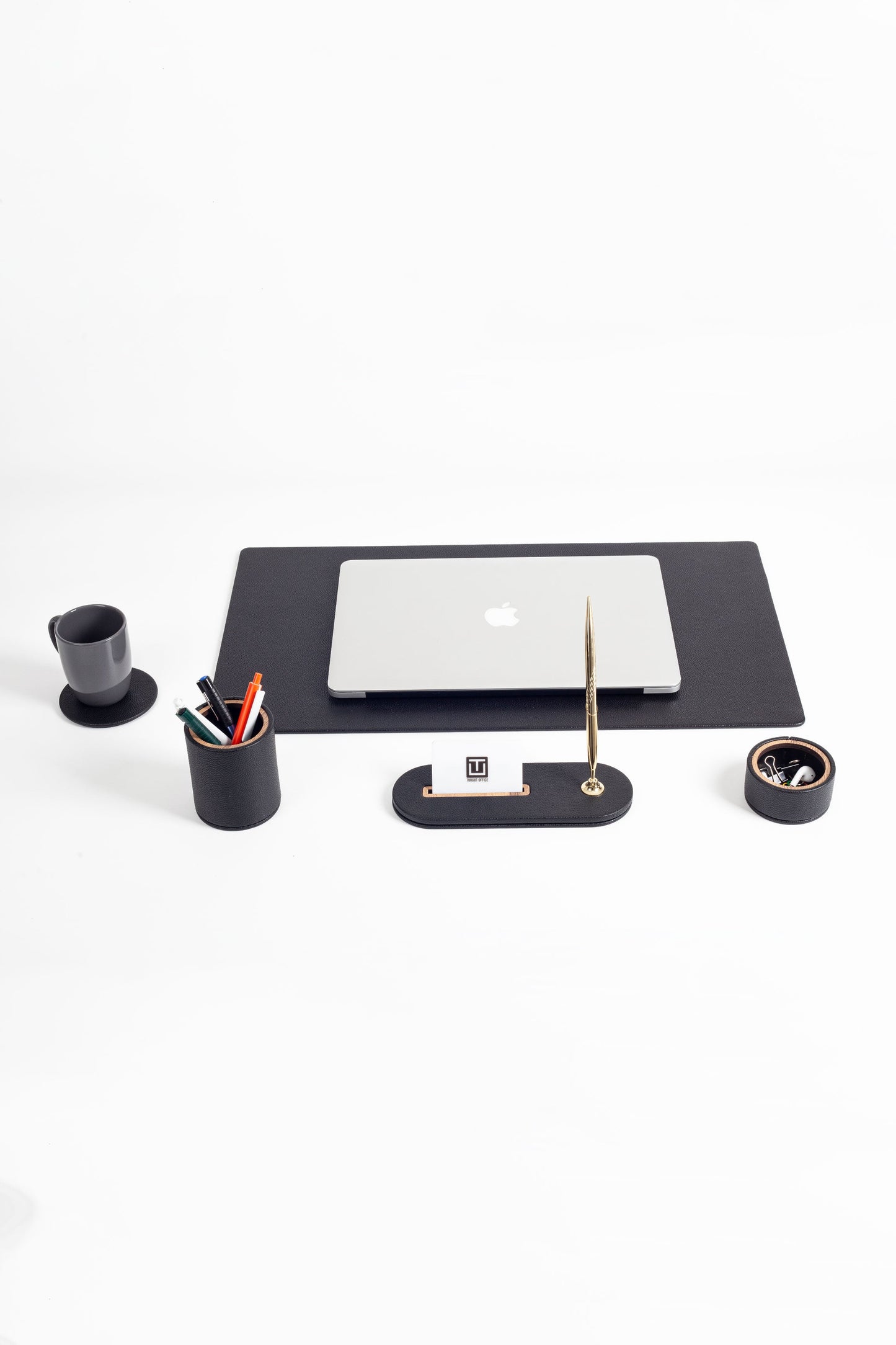 Polo Plus Leather Desktop Set Black 5 Pieces Wooden Detailed