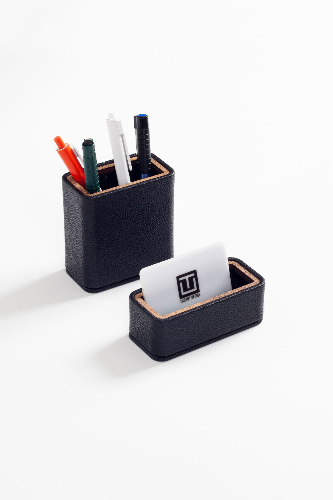 Capella Leather Desktop Set Black 2 Pieces Wooden Detailed