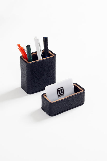 Capella Leather Desktop Set Black 2 Pieces Wooden Detailed