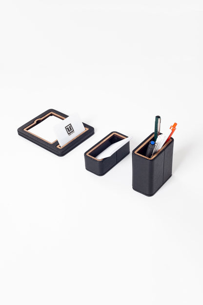 Capella Leather Desktop Set Black 3 Pcs. Wooden Detailed