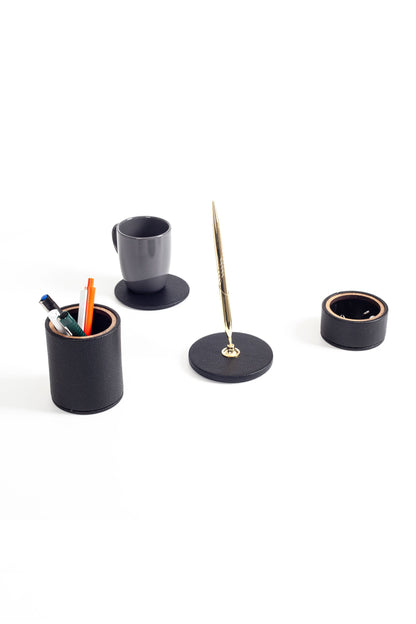 Polo Leather Desktop Set 4 Pieces Wooden Detailed With Gold Pen