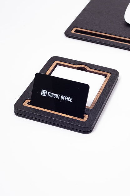 Leather Note Holder Black Wood Detailed Note Holder and Business Card Holder