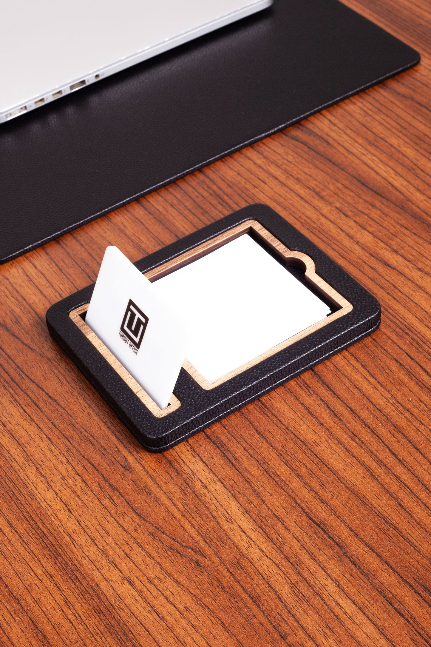 Leather Note Holder Black Wood Detailed Note Holder and Business Card Holder