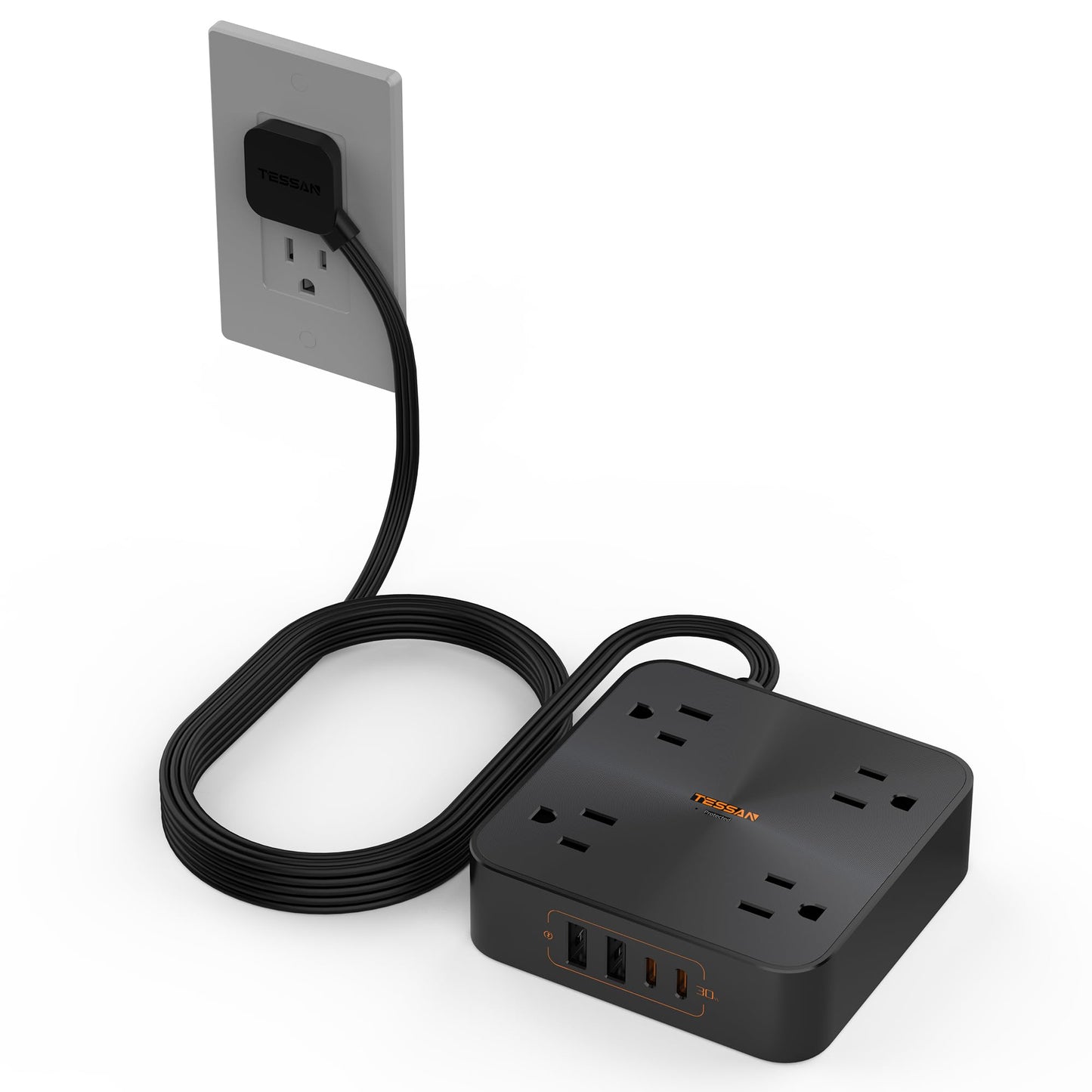 30W USB C Power Strip TESSAN Fast Charger Surge Protector with 4 Outlet Extender 6 FT Flat Plug Extension Cord 4 USB Block Power Delivery (2 USB C) for Office Supplies Dorm Room Essentials Black