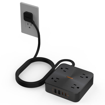 30W USB C Power Strip TESSAN Fast Charger Surge Protector with 4 Outlet Extender 6 FT Flat Plug Extension Cord 4 USB Block Power Delivery (2 USB C) for Office Supplies Dorm Room Essentials Black