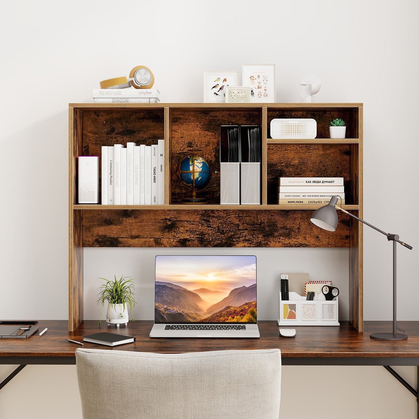 Computer Desktop Bookcase with 4 Cubbies and Open Back Compartment-Coffee