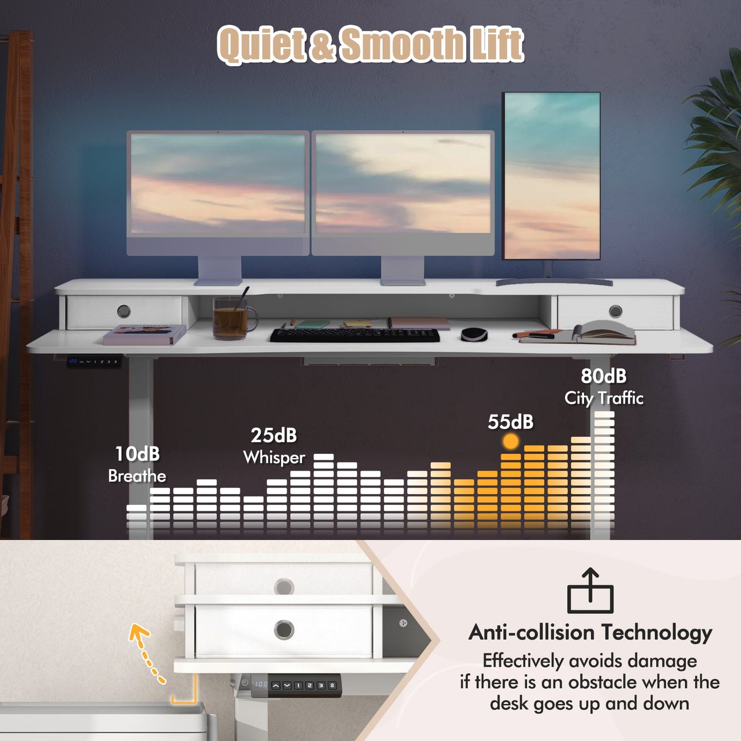 63 Inch x 24 Inch Electric Standing Desk with 2 Drawers-White