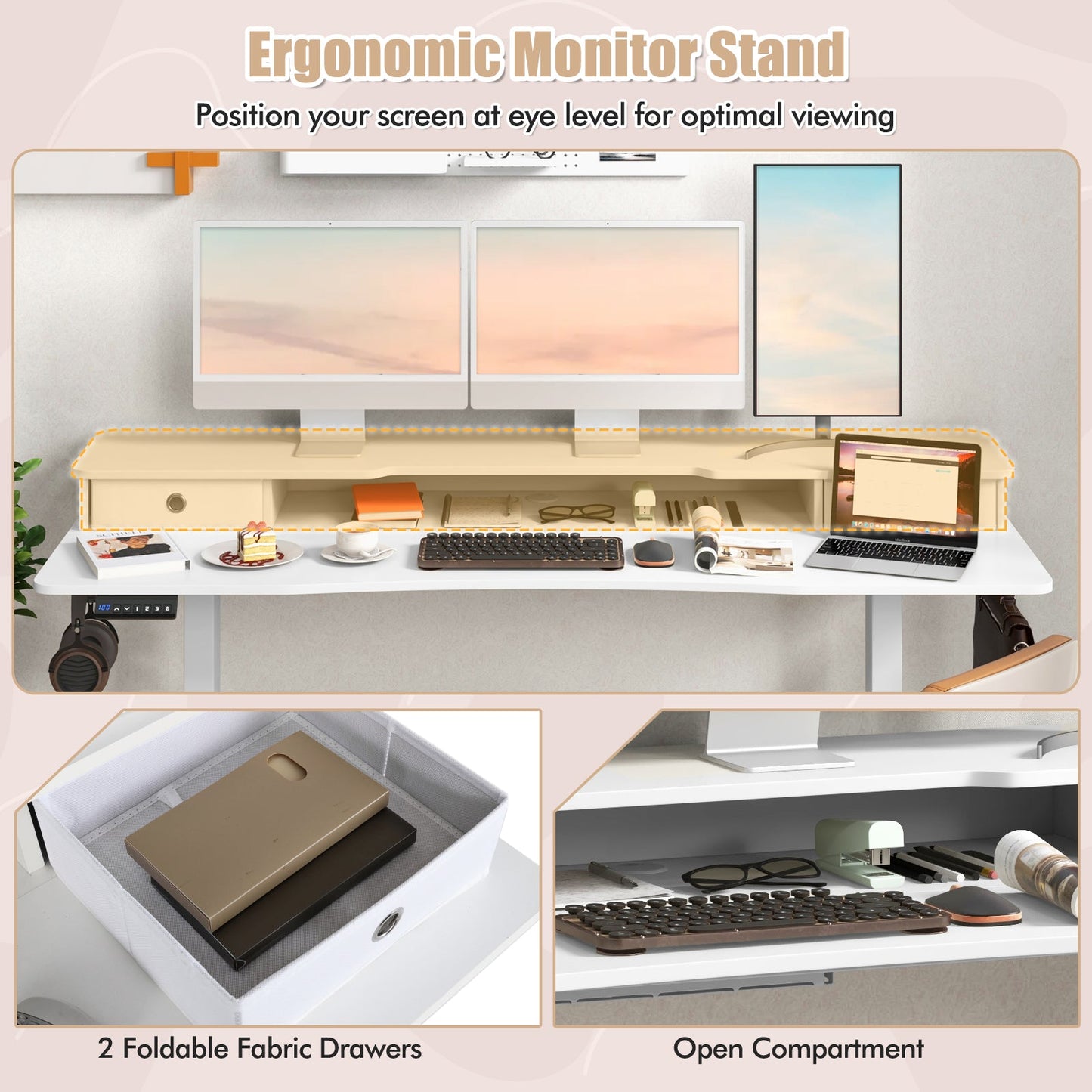 63 Inch x 24 Inch Electric Standing Desk with 2 Drawers-White