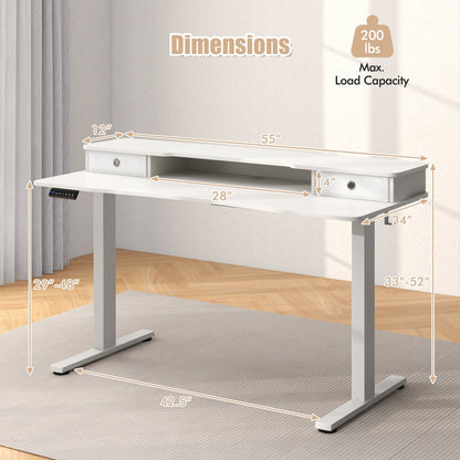 55 Inch x 24 Inch Height Adjustable Electric Standing Desk with 2 Drawers-White
