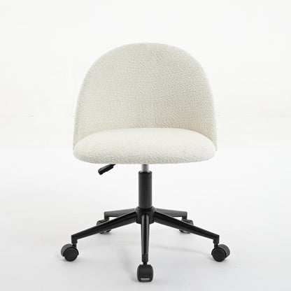 Velvet fabric office chair, mid back adjustable rotating computer chair, black legs, cushioned office chair with wheels ，White