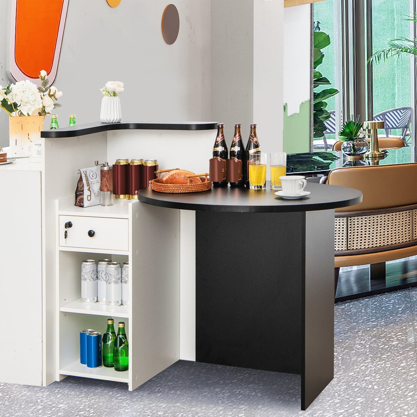 Front Reception Office Desk with Open Shelf and Lockable Drawer-Black & White