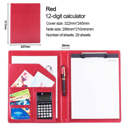 Office Supplies Business Style Leather Document Folder with 30-pages A4 Note Pad & Calculator (Red)
