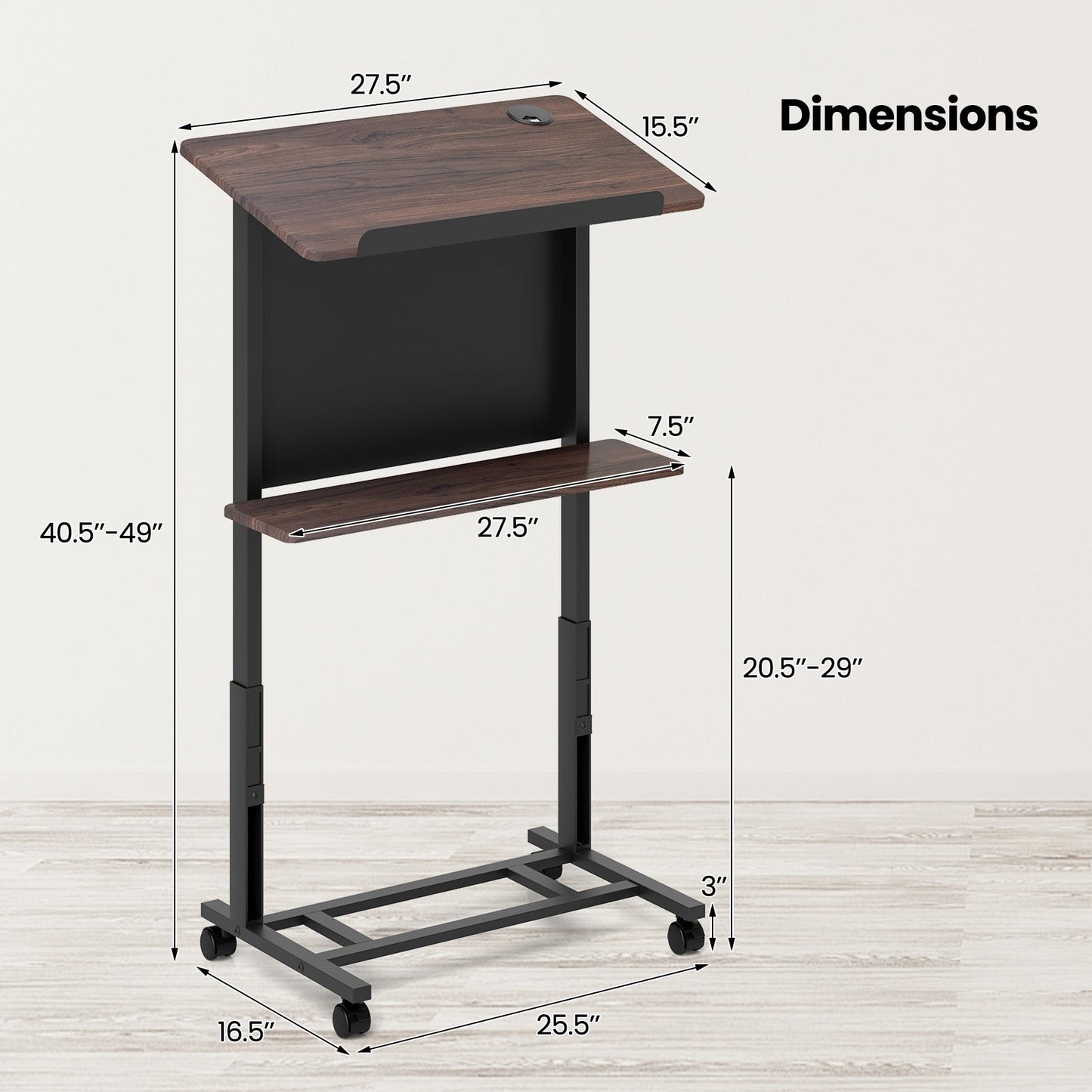 40.5-49 Inch Height Adjustable Rolling Podium Stand Lectern Table-Black