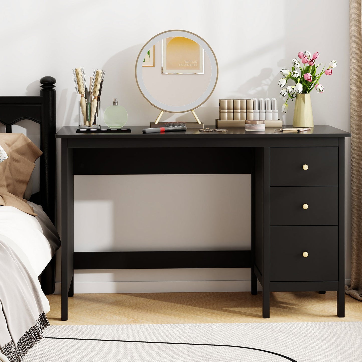 3-Drawer Home Office Study Computer Desk with Spacious Desktop-Black