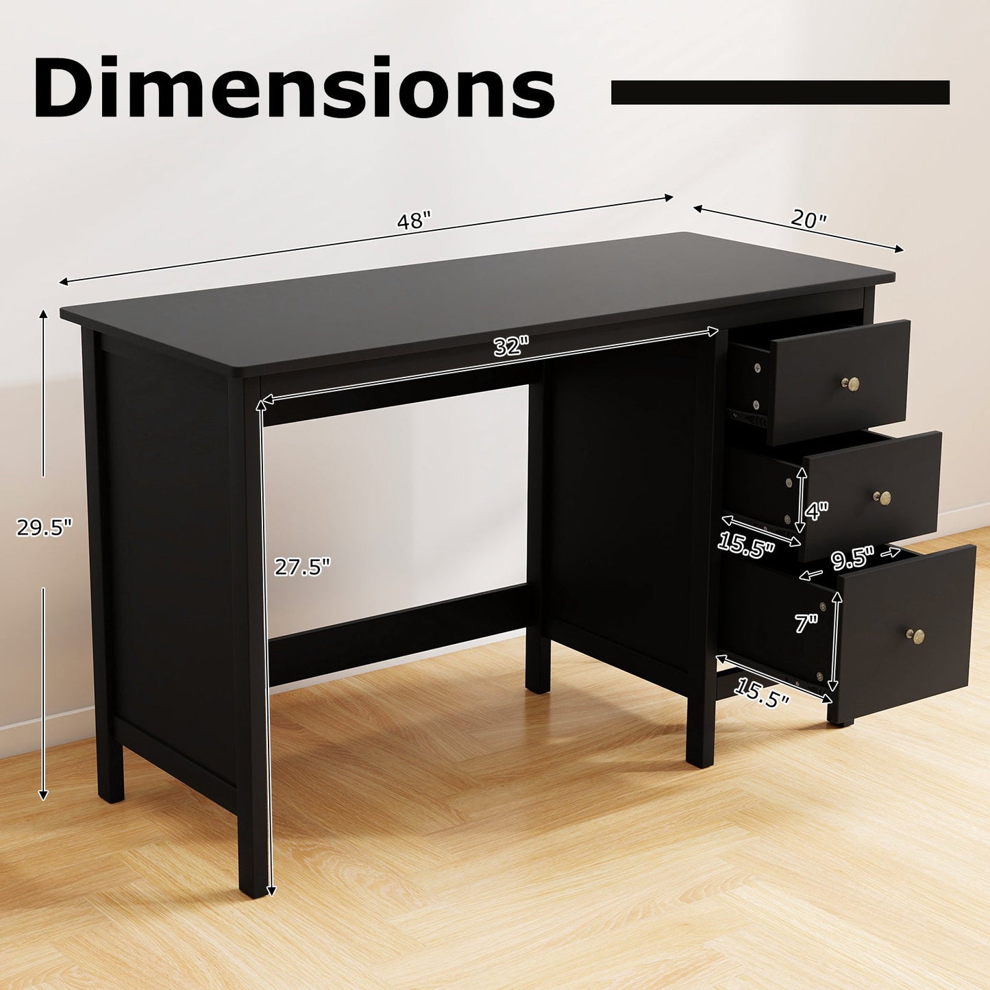 3-Drawer Home Office Study Computer Desk with Spacious Desktop-Black