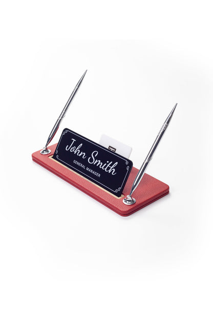 Leather Desk Name Holder with Two Pens Black Wood Detail