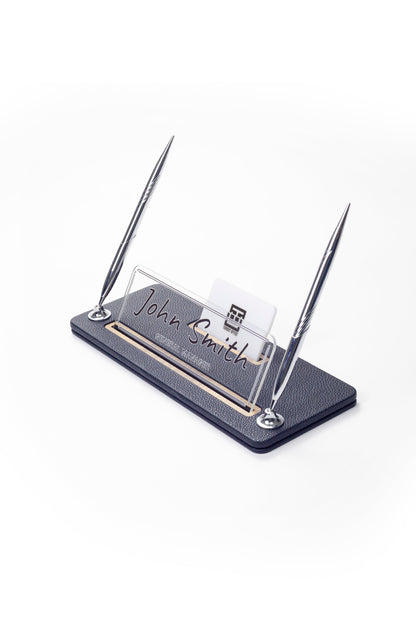 Leather Desk Name Holder with Two Pens Black Wood Detail