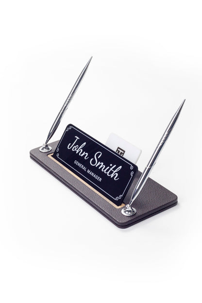 Leather Desk Name Holder with Two Pens Black Wood Detail