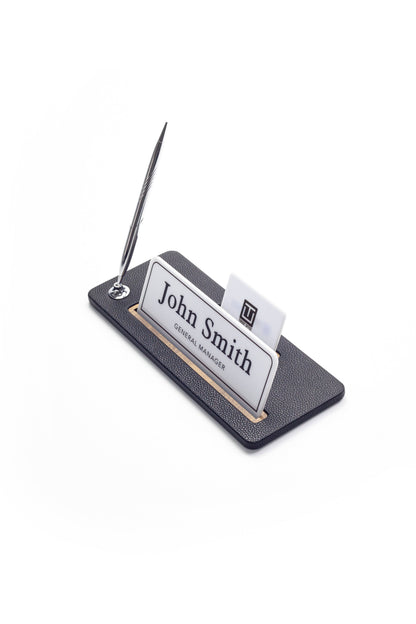Leather Desk Name Holder Wood Detail