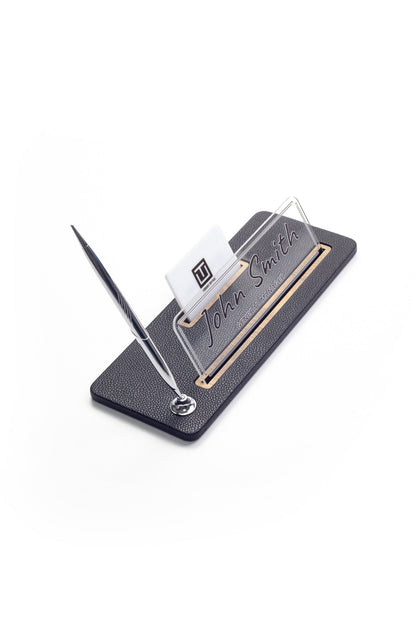 Leather Desk Name Holder Wood Detail
